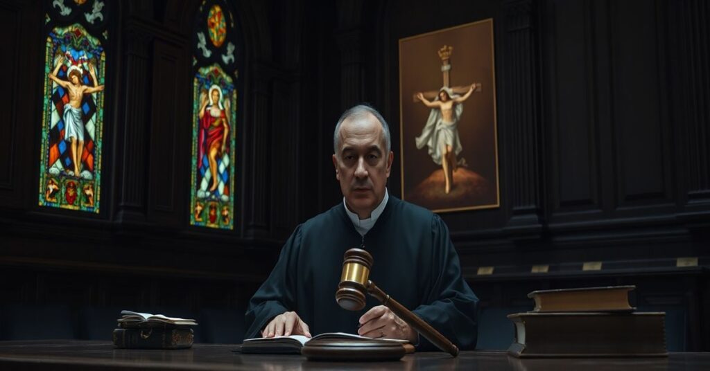 Powierzchnia sądu w stylu gotyckim z oknami witrażowymi przedstawiającymi ukrzyżowanie, symbolizującą upadek prawdziwej sprawiedliwości.