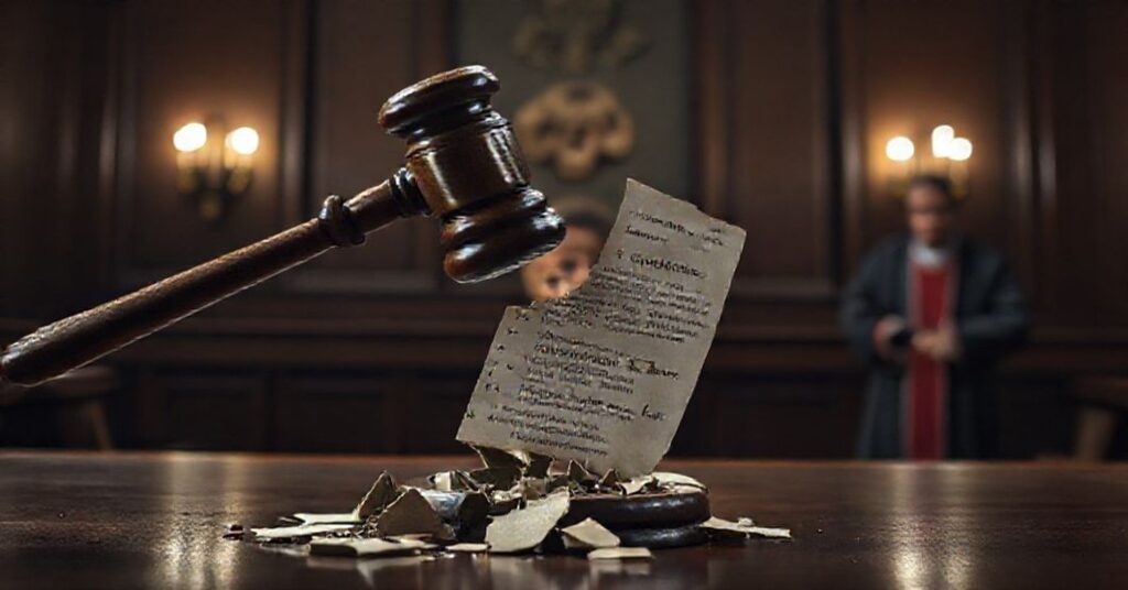 Zdjęcie przedstawiające sędziowski młotek bijący w rozbite tablice prawa przy dziecięcym obrazie w tle. Scena w ciemnym sądzie z katolickim księdzem w szatach.