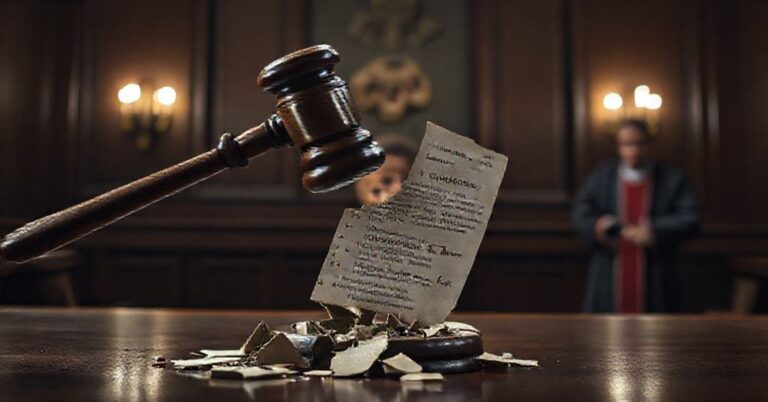 Zdjęcie przedstawiające sędziowski młotek bijący w rozbite tablice prawa przy dziecięcym obrazie w tle. Scena w ciemnym sądzie z katolickim księdzem w szatach.