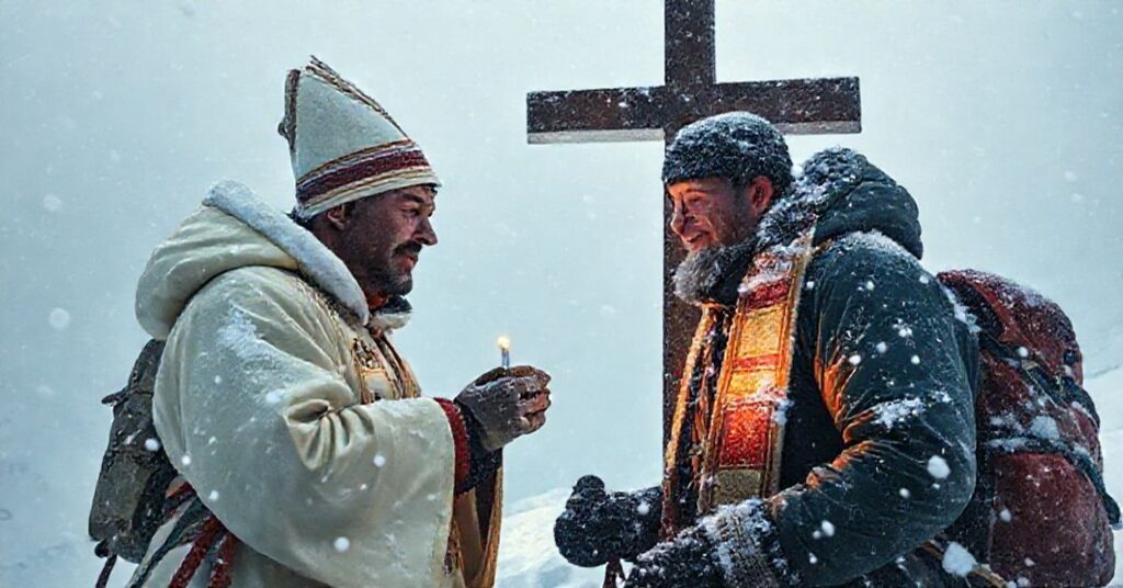 Ksiądz udzielający ostatniego namaszczenia wspinaczowi na szczycie Everestu podczas burzy śnieżnej