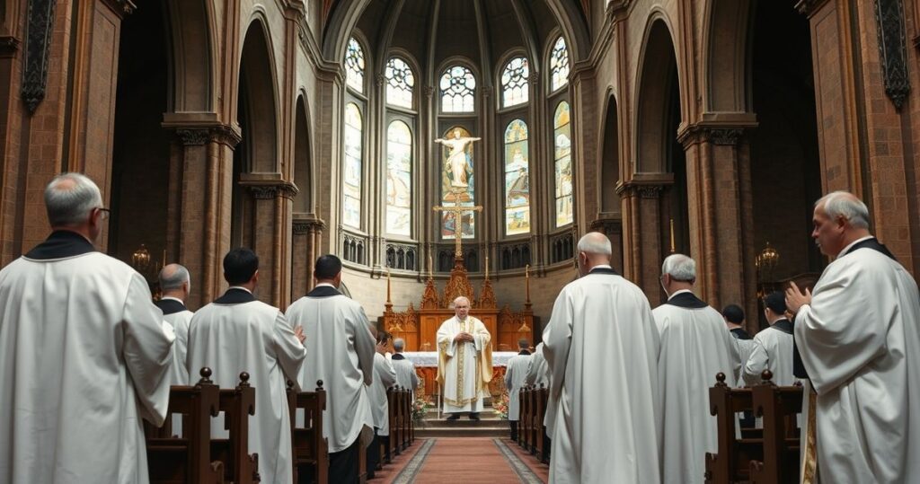 Sanktuarium katolickie z kapłanami w tradycyjnych szatach podczas uroczystej liturgii, odzwierciedlające wierność naukom Kościoła i krytykę modernistycznych tendencji.