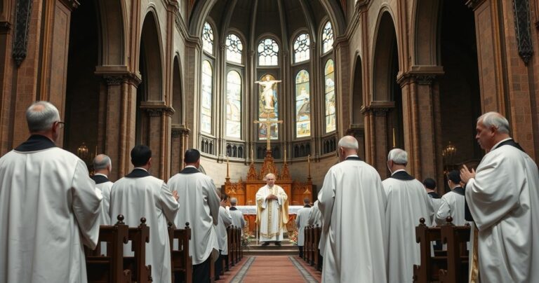Sanktuarium katolickie z kapłanami w tradycyjnych szatach podczas uroczystej liturgii, odzwierciedlające wierność naukom Kościoła i krytykę modernistycznych tendencji.
