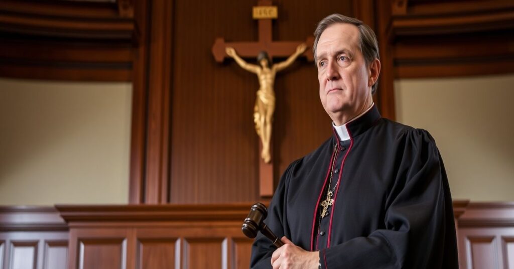 Katolicki sędzia w tradycyjnych szatach sądowniczych stojący w poważnym sądzie z krzyżem na tle.