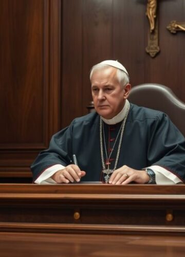 Katolicki sędzia przy stole sądowym z krzyżem i świecami Sędzia katolicki w tradycyjnych szatach, modlitwa przy krzyżu i świecach w sali sądowej, symbolizujący wierność prawom Bożym i religijne fundamenty sprawiedliwości