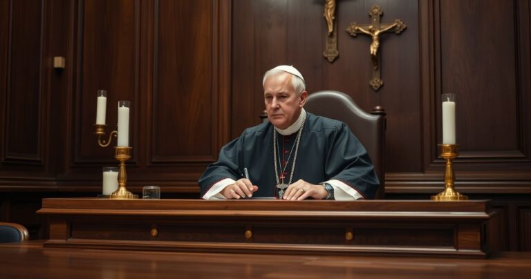 Sędzia katolicki w tradycyjnych szatach, modlitwa przy krzyżu i świecach w sali sądowej, symbolizujący wierność prawom Bożym i religijne fundamenty sprawiedliwości