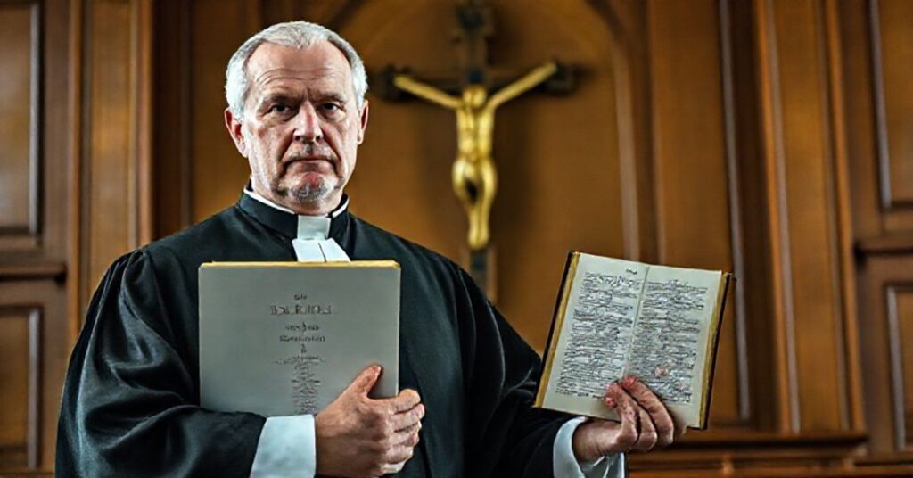 Zdjęcie przedstawiającego tradycyjnego katolickiego sędziego w sądzie z Biblią i Konstytucją Polski.