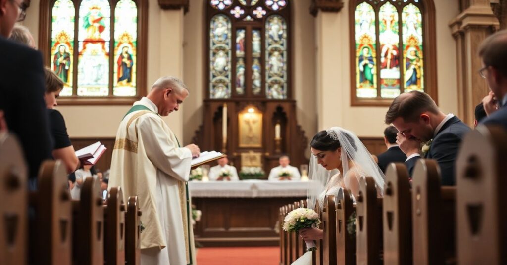 Tradycyjna katolicka ceremonii ślubna z mszą świętą w stylu trydenckim w kościele o pięknej architekturze