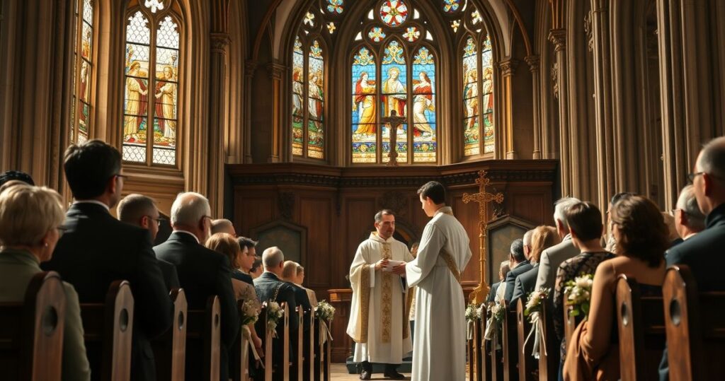 Fotografia realistyczna i pełna szacunku przedstawiająca katolicki ślub w tradycyjnym kościele, z duchownym, parą młodą i zgromadzonymi wiernymi, ukazującą powagę i duchowe piękno sakramentu małżeństwa.