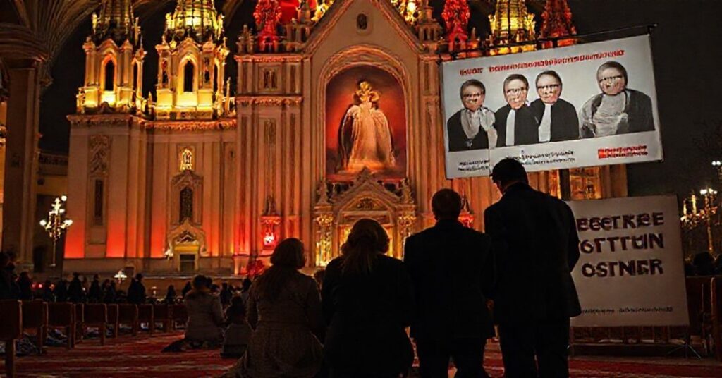 Sobór katolicki w tradycyjnym oświetleniu złotym i białym, z odległym widokiem nowoczesnego banera kampanii 'Dzieciństwo bez Przemocy', prezentującego dr Monikę Sajkowską i neo-kościelnych 'biskupów' Wojciecha Polaka i Tadeusza Wojdę.