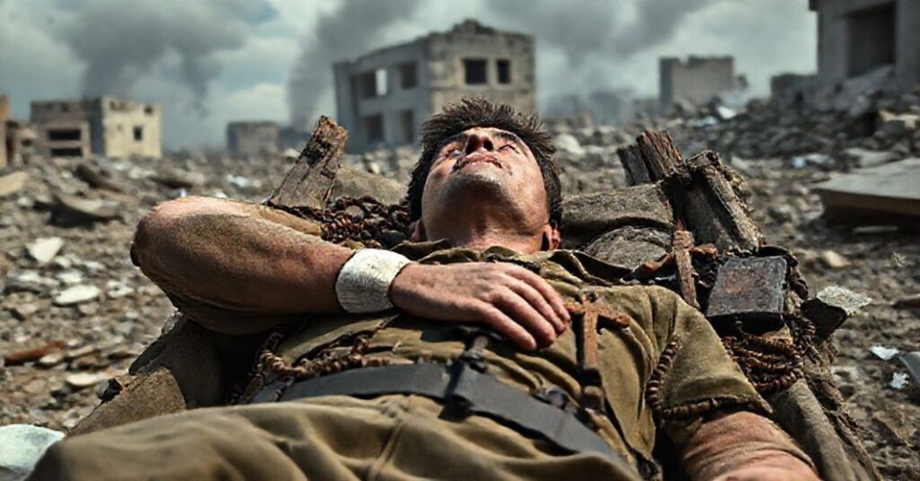Zdjęcie przedstawia rannego żołnierza katolickiego w zniszczonym krajobrazie wojennym, otoczonego symbolami wiary i modlitwy. Scena podkreśla duchową pustkę technologii i kontrastuje materialne z sakralnym.
