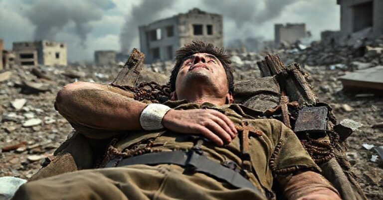 Zdjęcie przedstawia rannego żołnierza katolickiego w zniszczonym krajobrazie wojennym, otoczonego symbolami wiary i modlitwy. Scena podkreśla duchową pustkę technologii i kontrastuje materialne z sakralnym.