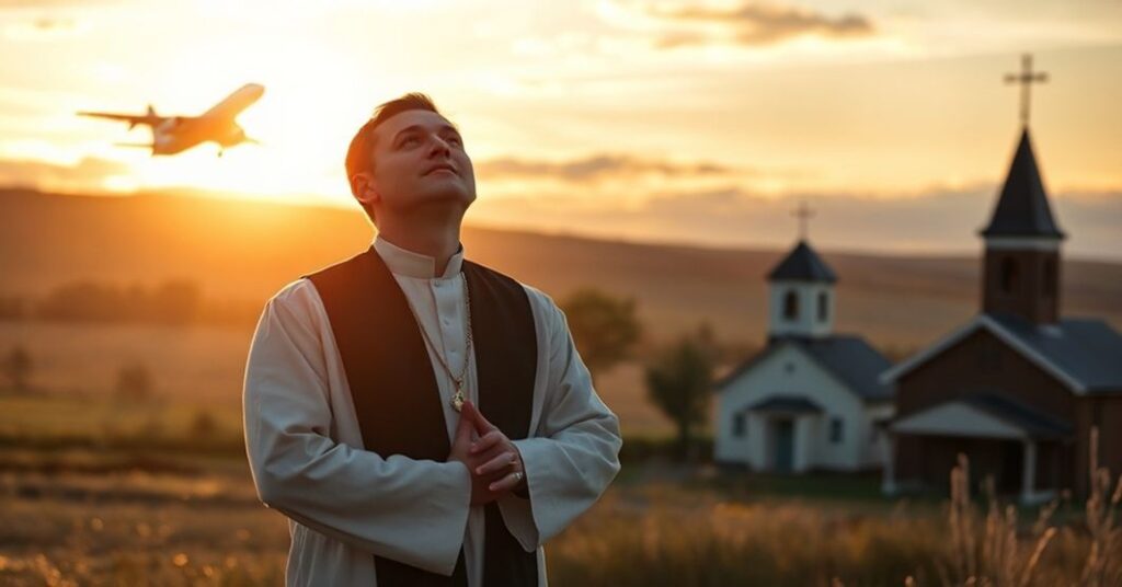 Ksiądz katolicki w tradycyjnych szatach modli się nad estońskim krajobrazem pod ciemną sylwetką rosyjskiego samolotu wojskowego.