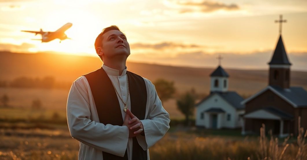 Ksiądz katolicki w tradycyjnych szatach modli się nad estońskim krajobrazem pod ciemną sylwetką rosyjskiego samolotu wojskowego.