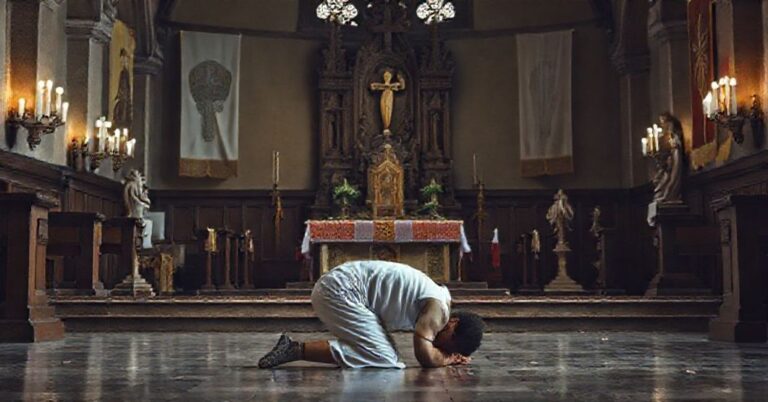 Poważny katolicki sportowiec modli się w opuszczonej kościelnej kaplicy, symbolizując duchowy upadek nowoczesnych programów synkretycznych