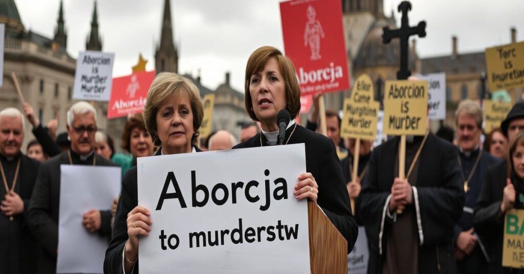 Uroczysta scena katolicka pokazująca Ruth Coppinger mówiącą na publicznym zebraniu z tłem irlandzkich zabytków. Otoczona jest transparentami protestującymi przeciwko aborcji.