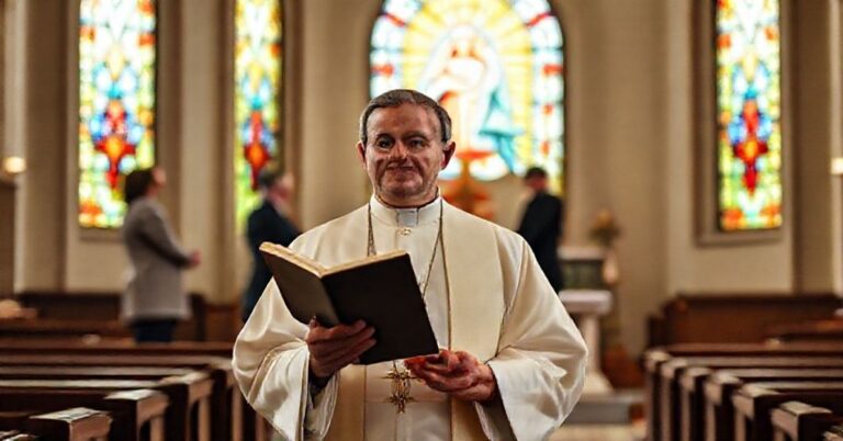 Katolicki kapłan w tradycyjnym stroju kościła stoi w koście z widokiem dyskusji na temat szczepień w tle