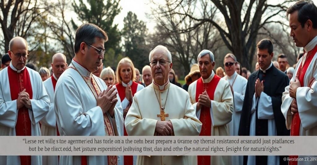 Obraz katolickiego zgromadzenia modlitewnego na tle protestów, symbolizujący moralny sprzeciw wobec bezprawia i obronę praw naturalnych