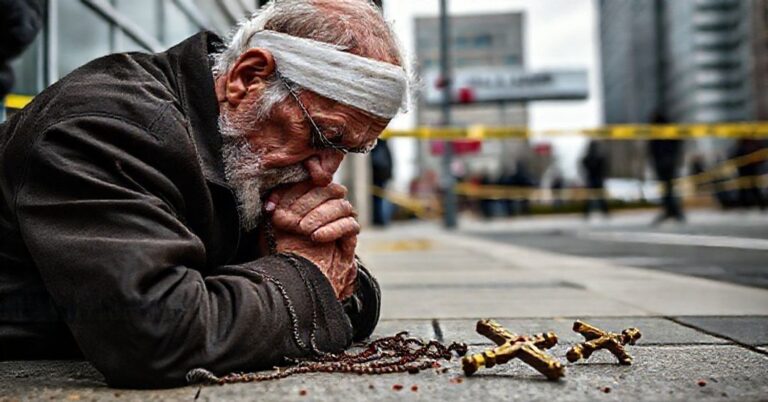 Staruszek katolicki Patrick Crosby modlący się przed kliniką aborcyjną z obrażami po brutalnym ataku