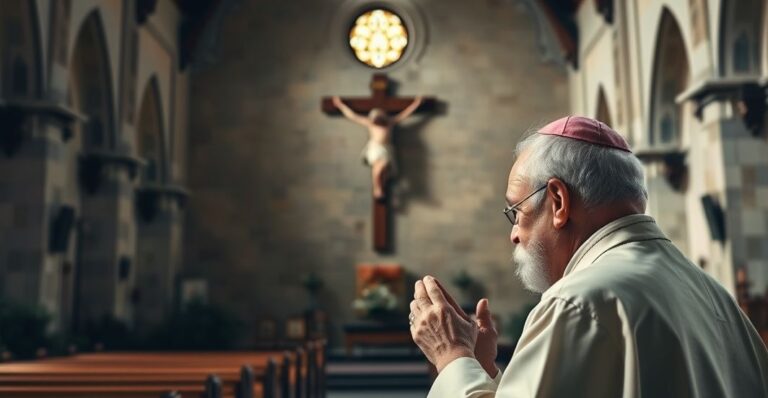 Starzec katolicki modlący się przed krzyżem w kościele z widocznym wandalizmem na ścianie, ukazujący powagę sytuacji i konieczność nawrócenia