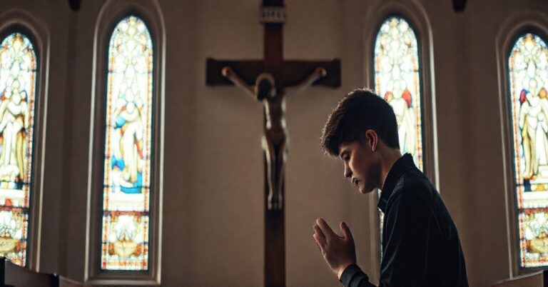 Módny katolicki student modłący się przed krzyżem w uniwersyteckim kościele.