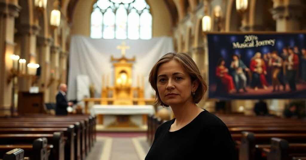 Poważny wnętrze kościoła z tradycyjnymi elementami liturgicznymi. Artysta Marcin Styczeń stojący blisko ołtarza w atmosferze skromnego oświetlenia świec.