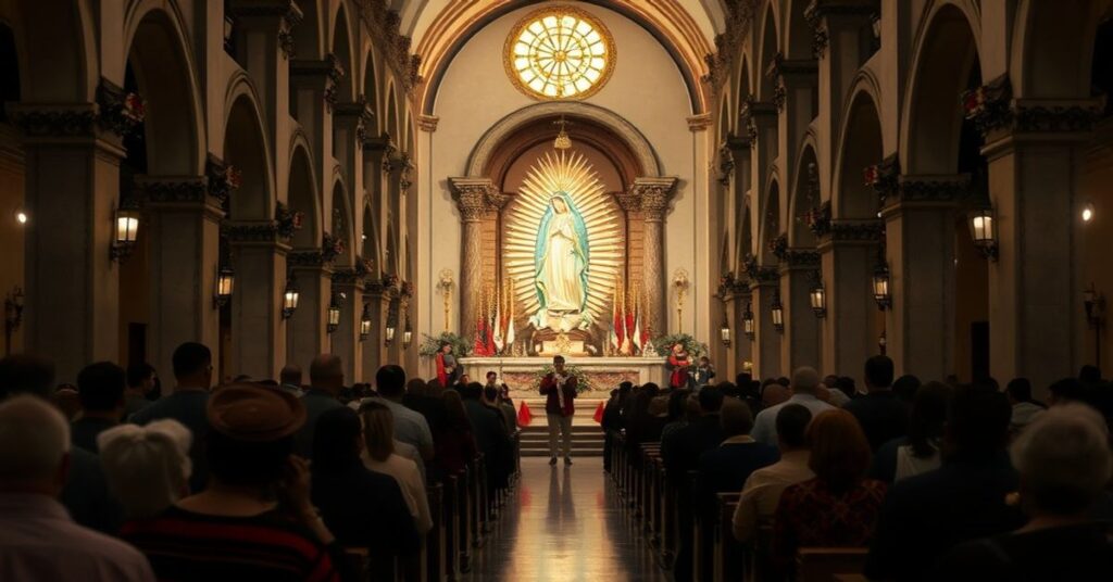 Wnętrze katedry z procesją podczas wydarzenia "Noc Guadalupe" z figurą "Virgen del Juramento", pokazujące synkretyzm religijny i nowoczesne zaburzenia w katolickiej pobożności.