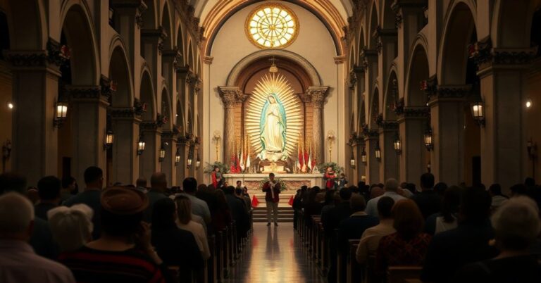 Wnętrze katedry z procesją podczas wydarzenia "Noc Guadalupe" z figurą "Virgen del Juramento", pokazujące synkretyzm religijny i nowoczesne zaburzenia w katolickiej pobożności.