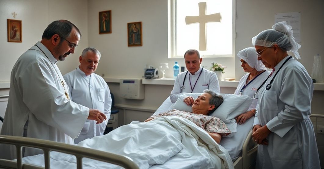 Kryzys NFZ - brak chrześcijańskiej misji służby zdrowia Ksiądz udzielający sakramentu chorym w szpitalu katolickim z tradycyjnymi symbolami religijnymi.