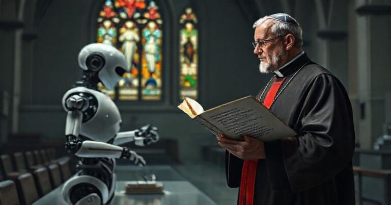 Katolicki teolog patrząc z niepokojem na robota w laboratorium