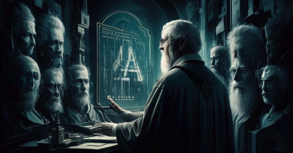 Tradycyjny katolicki teolog w szatach liturgicznych patrzy z krytyką na interfejs AI Almma z wizerunkami modernistycznych teologów na tle technokratycznego miasta