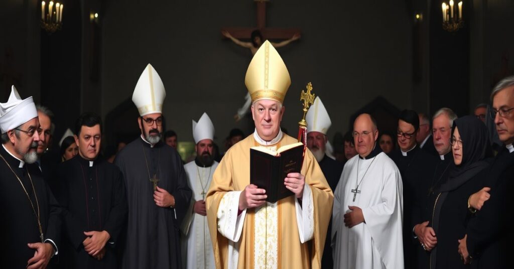 Grupa katolicka w tradycyjnym stroju modląc się w kościele z siedzącego na przewodniku sede vacancy trzymającym Stary Testament.