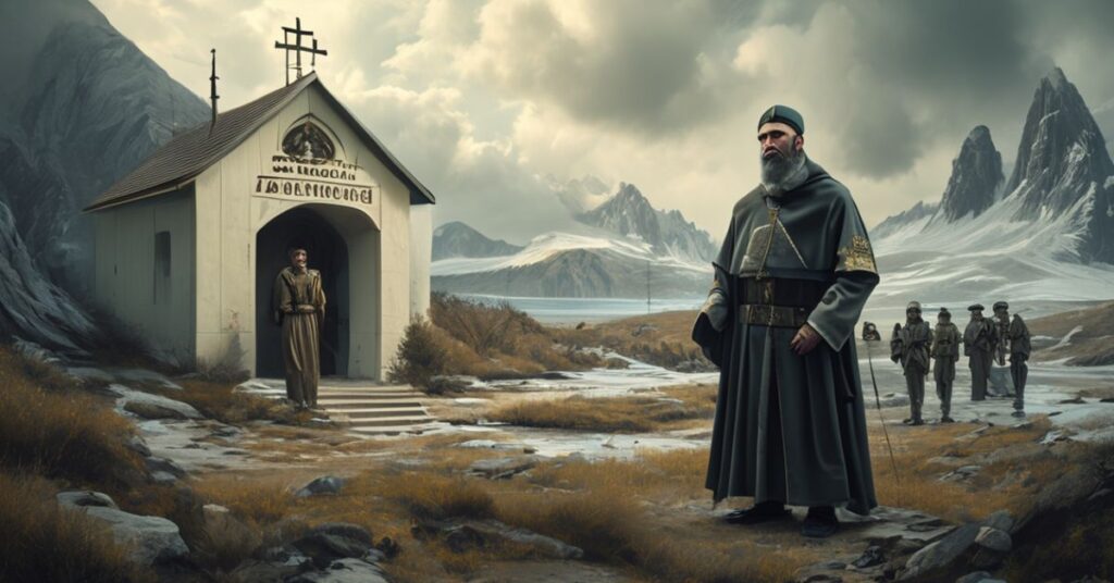 Sobór katolicki w Nuuk na Grenlandii z tradycyjnym księdzem w ziemi apostolskiej i nowoczesnym hierarchą symbolizującym moralny bankructwo w Kościele