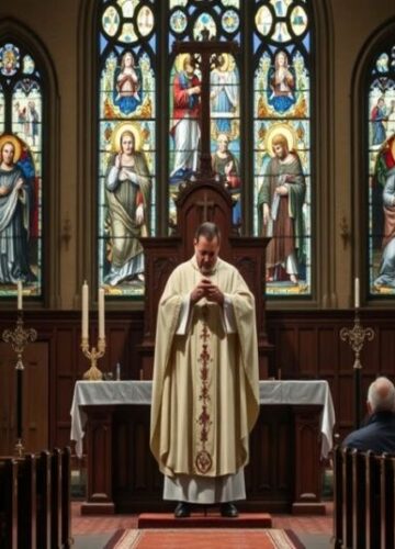 Tradycyjny katolicki widok kościoła z tradycyjnym kapłanem w pełnym stroju liturgicznym Tradycyjny katolicki widok kościoła z tradycyjnym kapłanem w pełnym stroju liturgicznym i wiernymi w modlitwie