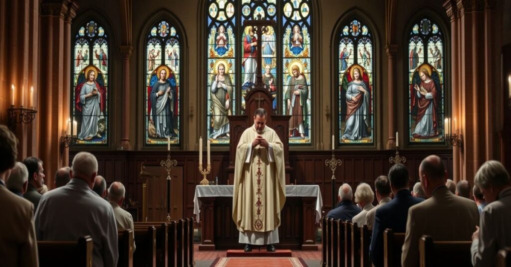 Tradycyjny katolicki widok kościoła z tradycyjnym kapłanem w pełnym stroju liturgicznym i wiernymi w modlitwie