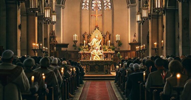 Scena pokutna przedstawiająca tradycyjną celebrację Narodzenia Pańskiego w katolickim kościele z częścią mszy św. prowadzoną przez tradycyjnego kapłana w pełnym stroju liturgicznym.