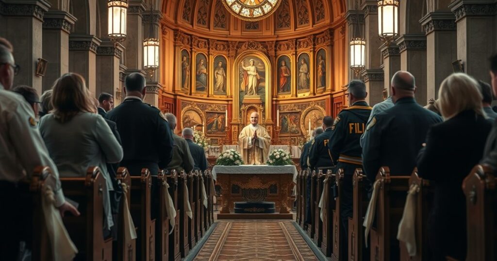 Realistyczne zdjęcie katolickiego kościoła z ofiarami, funkcjonariuszami FBI i gubernatorem, wyrazami smutku i krytyki wobec nowoczesnej liturgii, ukazujące powagę tragedii w tradycyjnym katolickim kontekście