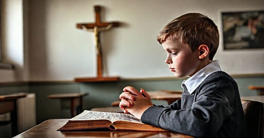 Młody katolicki uczeń modli się przed drewnianym krzyżem w klasie z otwartym katechizmem na biurku. Scena przekazuje powagę prawdziwego wychowania w kontrast z sekularyzowanym systemem edukacyjnym.