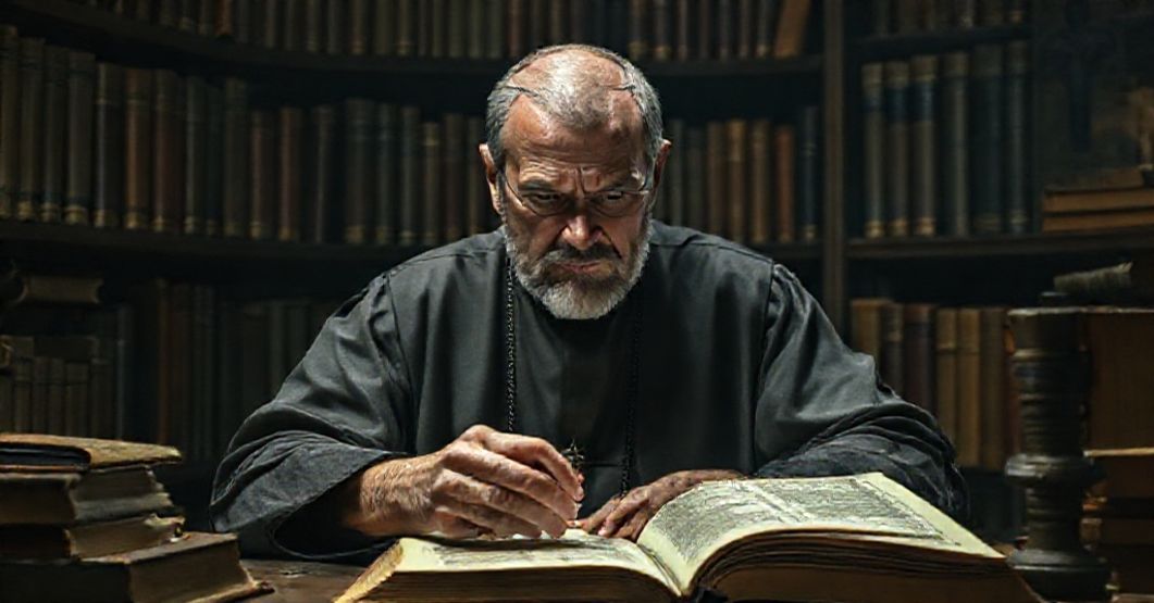 Poważny katolicki uczony w ciemnym gabinecie badający tekst z głęboką troską o zdegenerowanie nauki katolickiej.