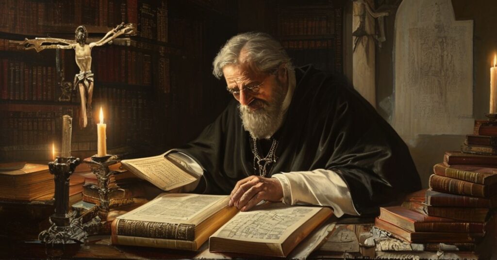 Catholic scholar w studiu pełnym starych tekstów religijnych i przedmiotów odkrytych przez Gabriela Barkaya