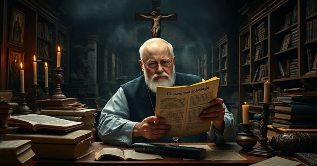 Tradycyjny katolicki uczony w studium z manuskryptami i zabytkami archeologicznymi, krytycznie rozważający dokument zatytułowany 'Ekumeniczna archeologia' z podpisem Leona XIV.