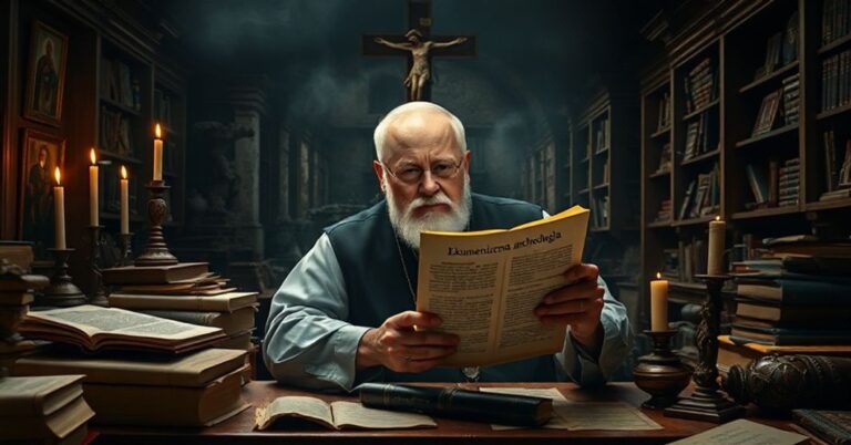 Tradycyjny katolicki uczony w studium z manuskryptami i zabytkami archeologicznymi, krytycznie rozważający dokument zatytułowany 'Ekumeniczna archeologia' z podpisem Leona XIV.
