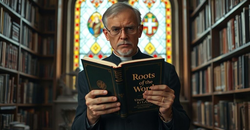 Książka Ursuli K. Le Guin "Rzeźby w słowach" trzymana przez katolickiego uczonego w tradycyjnej bibliotece