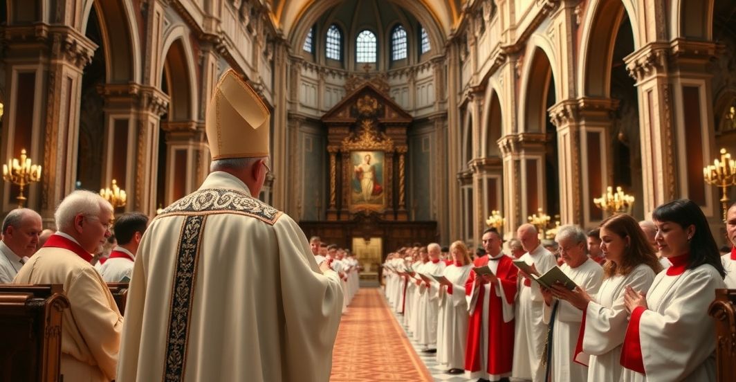 Tradycyjny katolicki widok w katedrze wyrażający troskę o wiarę Katolicka scena w katedrze z duchownymi w modlitwie, ukazująca troskę o prawdziwą wiarę i tradycję Kościoła