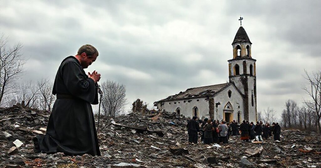 Scena katolicka przedstawiająca zniszczony krajobraz ukraiński z zawalonym kościołem w tle. Ksiądz w tradycyjnym habitacie modli się wśród ruin.