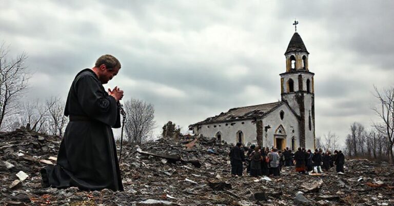 Scena katolicka przedstawiająca zniszczony krajobraz ukraiński z zawalonym kościołem w tle. Ksiądz w tradycyjnym habitacie modli się wśród ruin.