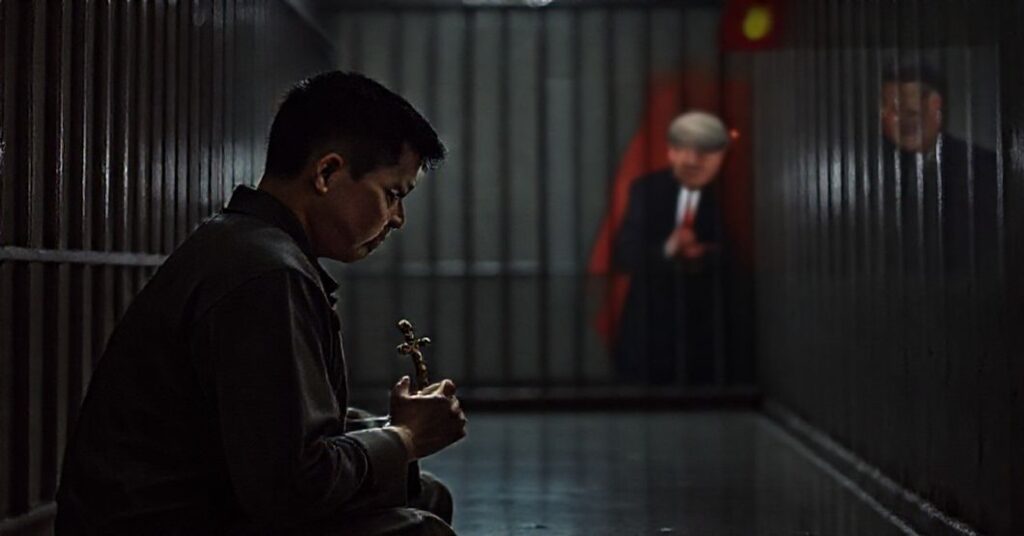 Więzień katolicki Jimmy Lai modli się w ciemnej celi z krzyżem w ręku na tle politycznych negocjacji Trumpa i Xi Jinpinga