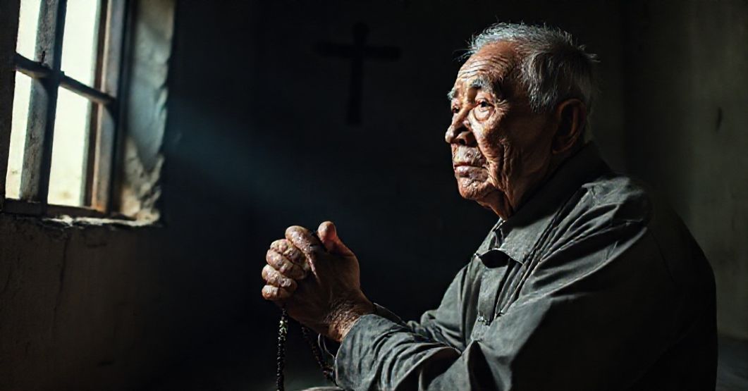 Portret staruszka katolickiego więźnia Jimmy Laia w chińskiej celi więziennej z różańcem w ręku.