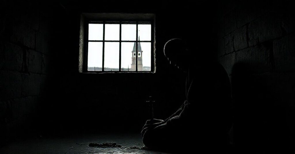 Katolicki więzień modli się w ciemnej celi z krzyżykiem, symbolizując godność ludzką w cierpieniu
