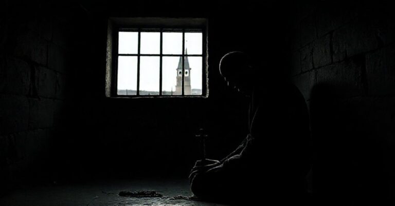 Katolicki więzień modli się w ciemnej celi z krzyżykiem, symbolizując godność ludzką w cierpieniu