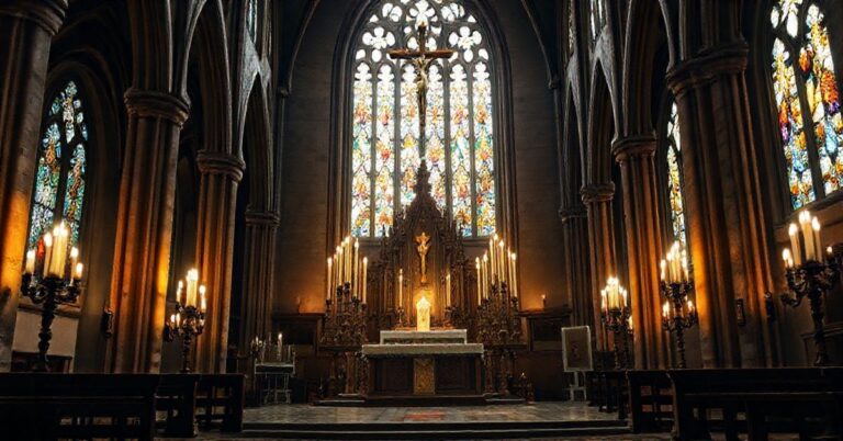 Obraz wnętrza katolickiego kościoła z ołtarzem i krucyfiksem, wyrażający szacunek i pokorę wobec Boskiego Porządku w obliczu współczesnych konfliktów